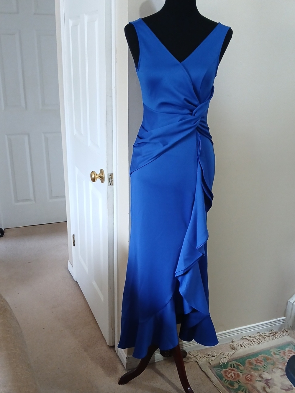 Sleeveless V-Neck Cobalt Blue Maxi Dress with Side Ruffle